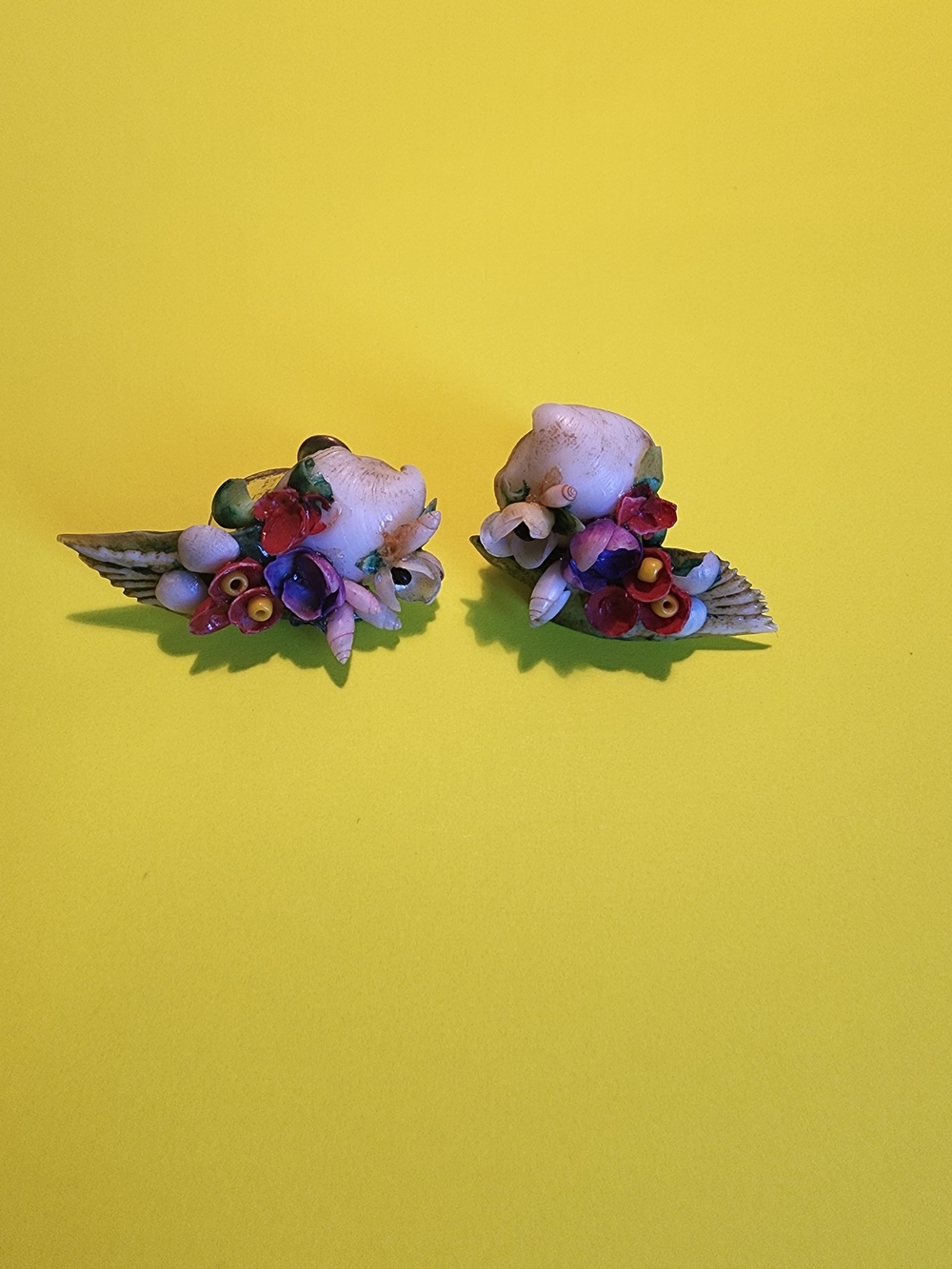 Floral Porcelain Screw Back Vintage Earrings in White and Multicolor